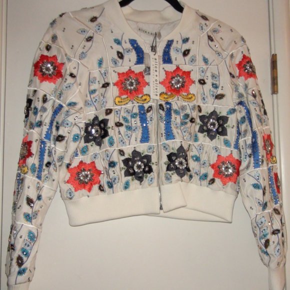 Alice + Olivia Silk Beaded Embroidered Bomber Jacket - Picture 9 of 11